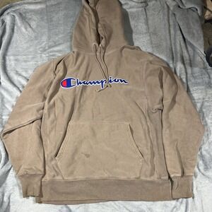 Champion Reverse Weave Hoodie Brown Tan Script Logo Men's Large